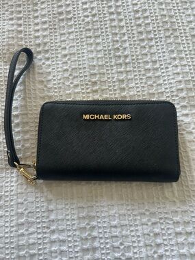 Michael Kors Black Leather Zip Wristlet with Gold Logo